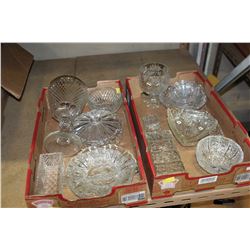 TWO TRAYS OF GLASS AND CRYSTAL SERVING PIECES AND DECANTER