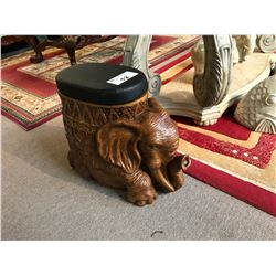 WOODEN CARVED ELEPHANT FOOT STOOL, PAIR OF ELEPHANT STATUES & 2 FISH STATUES