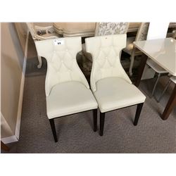 PAIR OF CREAM LEATHER & DARK WOOD SIDE CHAIRS