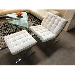 WHITE LEATHER MODERN LEISURE CHAIR WITH OTTOMAN