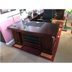 CHERRY LEATHER FRONT EXECUTIVE DESK WITH MOBILE PEDESTAL, CREDENZA & MODERN OFFICE CHAIR