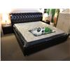 Image 1 : DARK BROWN STUDDED LEATHER KING SIZE BEDROOM SUITE WITH KING BED, MATTRESS & 2 NIGHT STANDS