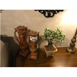 PAIR OF ORNATE CANDLE HOLDERS & FAUX POTTED TREE