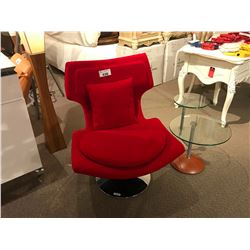 RED MICROFIBER MODERN SWIVEL CHAIR & 2 TIER MODERN GLASS END TABLE