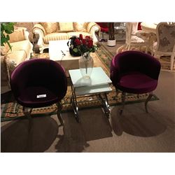 PAIR OF PURPLE MICROFIBER TUB CHAIRS, MODERN GLASS NESTING TABLES & VASE WITH FAUX ROSES