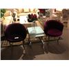 Image 1 : PAIR OF PURPLE MICROFIBER TUB CHAIRS, MODERN GLASS NESTING TABLES & VASE WITH FAUX ROSES