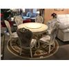 Image 1 : 7 PIECE WHITE MARBLE TOP DINING SET WITH MARBLE LAZY SUSAN & 6 WOOD FRAME & FABRIC DINING CHAIRS