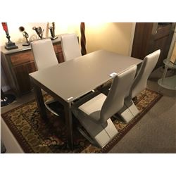 WALNUT & FROSTED GLASS MODERN DINING TABLE WITH 4 LEATHER CHAIRS