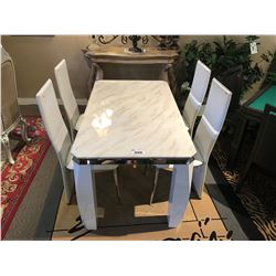 MODERN WHITE MARBLE & CHROME DINING TABLE WITH 4 LEATHER CHAIRS