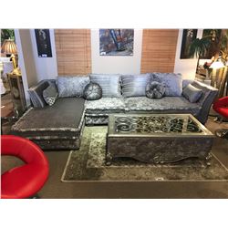 SILVER BLUE JEWEL STUDDED FABRIC 4 SEAT SOFA WITH CHAISE & FABRIC JEWEL STUDDED GLASS TOP COFFEE