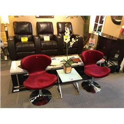 2 RED MODERN SWIVEL CHAIRS WITH END TABLE & FLORAL DECOR