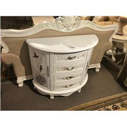 WHITE 4 DRAWER, 2 DOOR HAND PAINTED CONSOLE TABLE