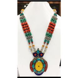 Tibet Hand Made Amber Turquoise, Coral, Lapis Lazuli Necklace
