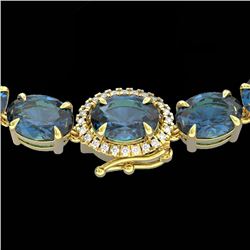 45.25 CTW London Blue Topaz & VS/SI Diamond Tennis Micro Halo Necklace 14K Yellow Gold - REF-236M4H 