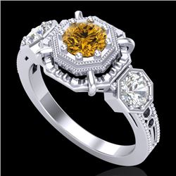1.01 CTW Intense Fancy Yellow Diamond Art Deco 3 Stone Ring 18K White Gold - REF-165N5Y - 37469