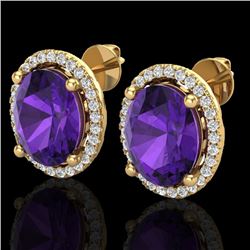 5 CTW Amethyst & Micro Pave VS/SI Diamond Earrings Halo 18K Yellow Gold - REF-76F4N - 21043