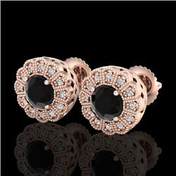 1.32 CTW Fancy Black Diamond Solitaire Art Deco Stud Earrings 18K Rose Gold - REF-100W2F - 37836