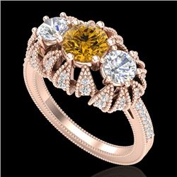2.26 CTW Intense Fancy Yellow Diamond Art Deco 3 Stone Ring 18K Rose Gold - REF-254T5M - 37750