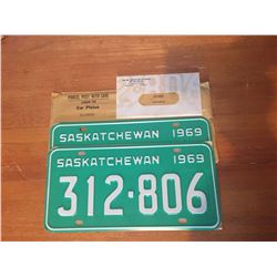 Pair Of Unused 1969 Sask License Plates, Matching Numbers. In original packaging… VERY RARE!
