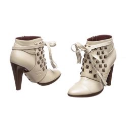 Chanel White Leather Studded Heel Booties 35