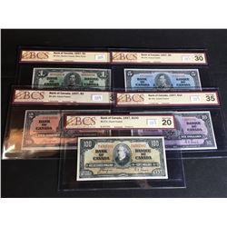 COLLECTION OF 5 1937 CANADIAN BANK NOTES: $1, BCS GRADE 30 VF, S/N E/M6322554; $2, BCS GRADE 30 VF,