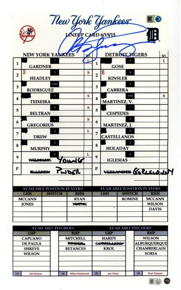 Replica Lineup Card Alex Rodriguez Signed New York Yankees