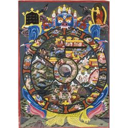 Tibetan Thangka of Wheel of Life on Paper Framed