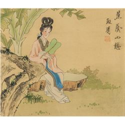 Chinese Watercolor on Silk Framed Beauty