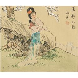 Chinese Watercolor on Silk Framed Beauty