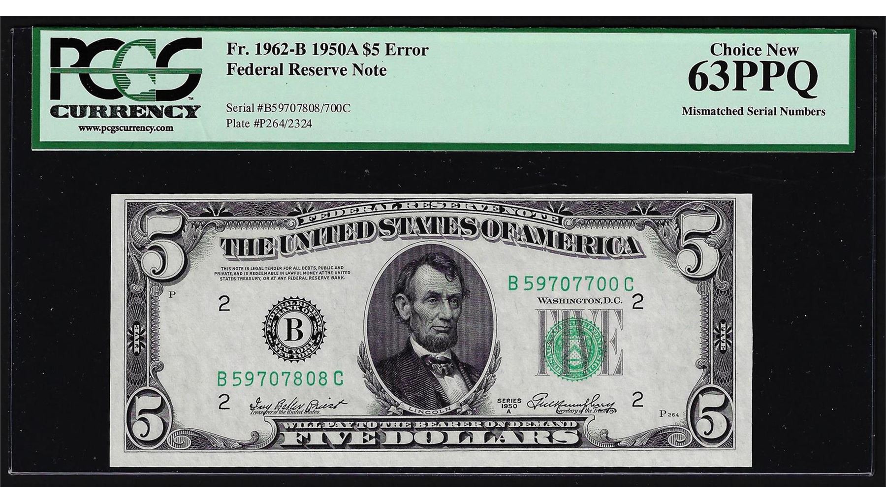 1950A $5 Federal Reserve Note Mismatched Serial Number ERROR PCGS Choice New 63P