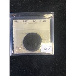 1851 USA LARGE CENT! ICCS GRADED EF-40