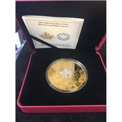 2017 CANADA $50 FINE SILVER COIN!WHISPERING MAPLE LEAVS! GOLD PLATED!