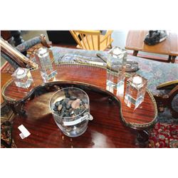 CRYSTAL ICE BUCKET WITH STONES AND FOUR PIECE CRYSTAL CANDLE SET