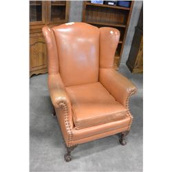LEATHER STUDDED WINGBACK CLAWFOOT ARMCHAIR