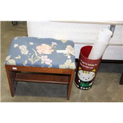 UPOLSTERED STOOL VINTAGE WASTE BIN AND WALL GRAPHIC