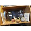 Image 1 : SHELF LOT OF TWO LARGE GLASS JARS AND HOME DECOR