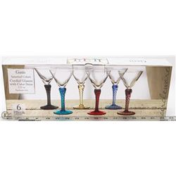 6PC GEM ASSORTED COLORS CORDIAL GLASSES WITH COLOR
