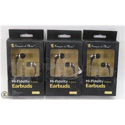 LOT OF 3 HI FIDELITY 3.5MM EARBUD HEADPHONES