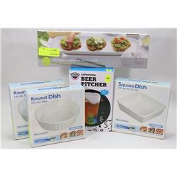 BOX OF PORCELAIN SERVING DISH, 3 SQUARE DISHES, AND