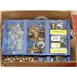 BOX OF WASHERS, FITTINGS, AND MORE