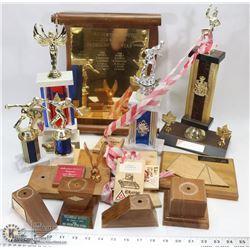 BOX OF TROPHIES, WALL PLAQUES, AND MORE