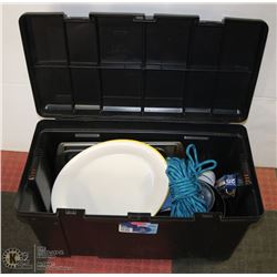 LARGE TOTE WITH LID FULL OF CAMPING SUPPLIES