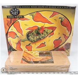 BOX OF PLANKS AND SERVING DISH