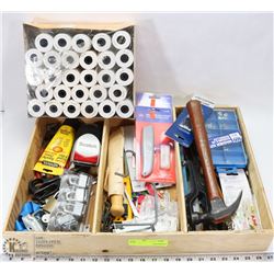 WOOD TRAY FULL OF ASSORTED HOME TOOLS AND OFFICE