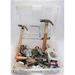 TOTE OF HAND TOOLS AND HARDWARE