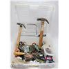 TOTE OF HAND TOOLS AND HARDWARE