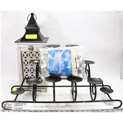 BLACK METAL CANDLE HOLDER & CANDLES.