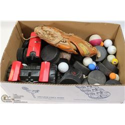 FLAT OF ASSORTED BALLS, PUCKS & MORE,