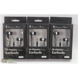 LOT OF 3 HI FIDELITY 3.5MM EARBUD HEADPHONES