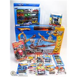 FLAT OF HOT WHEEL CARS & TRICK TRACKS